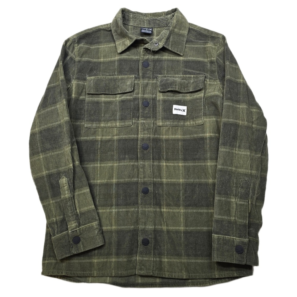 Hurley Corduroy Shirt Mens‎ Medium/Large Green Black Plaid Snap Long Sleeve
